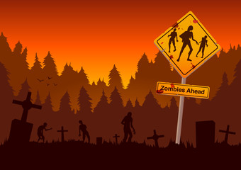 Graveyard with zombies and warning sign in orange theme. Illustration about Halloween and horror concept.