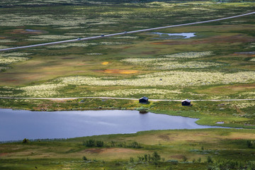 lonely wooden house in the mountains, fjell, lake