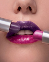 Close up, young woman model lips and lipstick. Conceptual makeup
