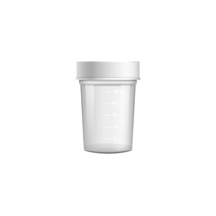 Small clear medical container for urine or stool sample with closed white lid