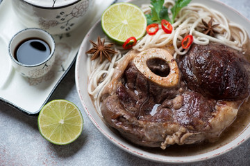 Close-up of osso buco cooked in asian style with udon noodles, studio shot