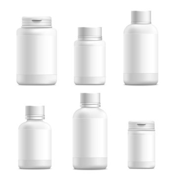 Medical containers for drugs 3d set of mockup vector illustrations isolated.