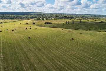 Obraz premium Agricultural field with bales of straw. Aerial photography from the drone