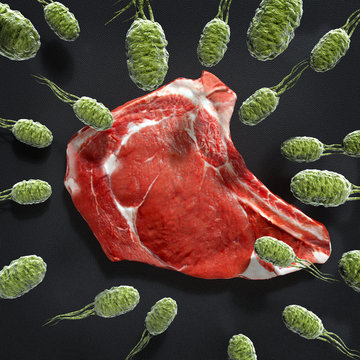 Meat steak invaded by Listeria Monocytogenes Bacteria 3D illustration