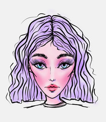 portrait of a girl with a purple bob haircut, fashion illustration