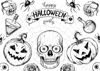 Halloween design template. Hand drawn invitation. Pumpkins and skull sketch illustration. Vector illustration with Halloween symbols. Autumn holidays.