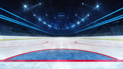 Ice hockey playground and illuminated indoor arena with fans, goal line view, professional ice hockey sport 3D render © LeArchitecto