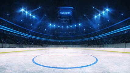 Ice hockey rink and illuminated indoor arena with fans, middle circle view, professional ice hockey sport 3D render