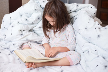 Image of serious preschooler girl reading book in bed, cute kid sitting under blanket with dandelion, darkhaired child reads fairy tale with interest. Early learning and children development concept.