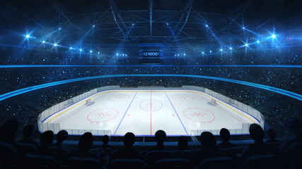 Ice hockey stadium with spotlights and crowd of fans, upper side view, professional ice hockey sport 3D render © LeArchitecto