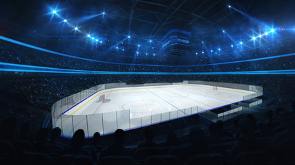 Ice hockey stadium with spotlights and crowd of fans, professional ice hockey sport 3D render