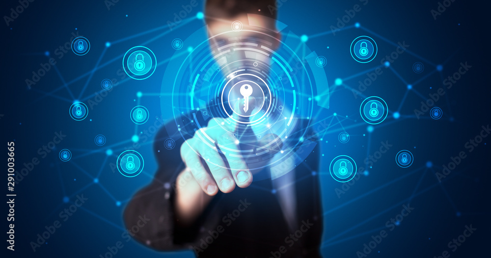 Aufkleber Man touching hologram screen displaying keys and locks