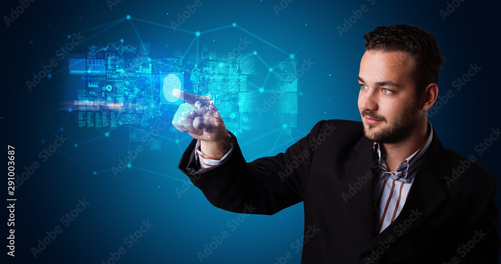 Poster Man accessing modern hologram personal database with fingerprint identification