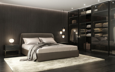 Contemporary luxury dark men's bedroom with wardrobe	