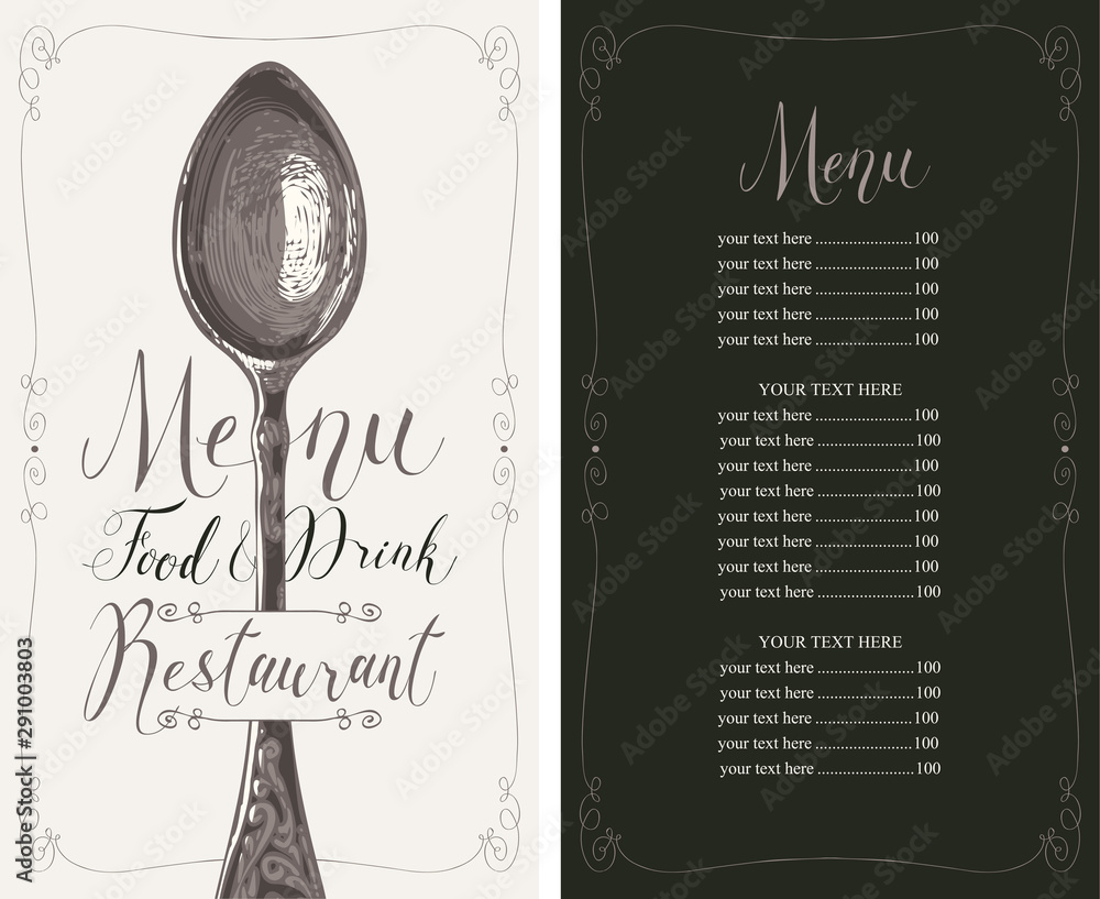 Poster vector template restaurant menu with price list, realistic spoon and handwritten inscriptions in fra