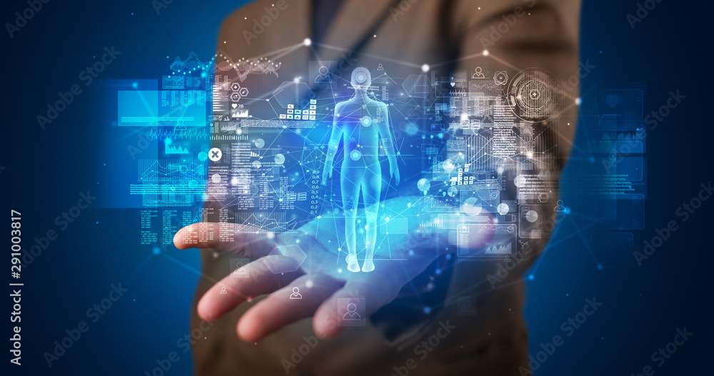 Poster young person holding hologram projection displaying health related graphs and symbols