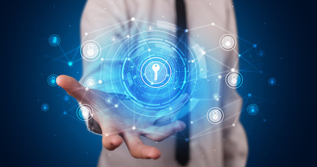 Young person holding hologram screen displaying security infomartions