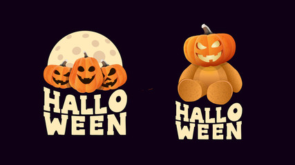 Set Halloween logo with pumpkins and Teddy bear with Jack pumpkin head