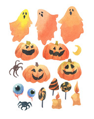 Fototapeta premium Set with ghosts, pumpkins, sweets