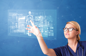 Doctor touching blue screen with full body analyze concept