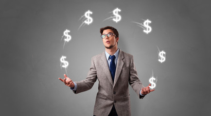 Young happy person juggle with dollar symbol