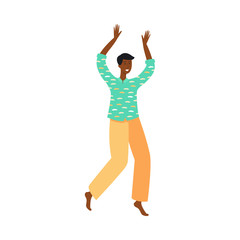 Cartoon African dancer man in colorful clothing dancing or jumping in place with hands up.