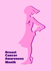 Breast Cancer Awareness concept. Pink silhouette of a woman with pink ribbon, campaign title. Isolated on the white