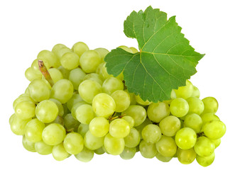Green grape with leaves isolated on white. With clipping path. Full depth of field.
