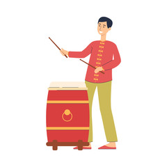 Cartoon man playing red Chinese drum in traditional festival costume