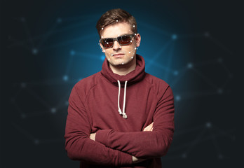 Face recognition with mesh. Cyber security concept.