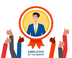 Employee of the month badge with cartoon businessman smiling