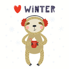 Hand drawn vector illustration of a cute sloth in earmuffs, with cup mug, snow, quote Heart winter. Isolated objects on white background. Scandinavian style flat design. Concept for children print.