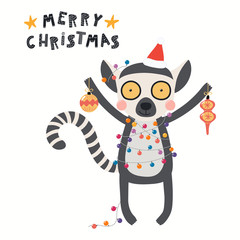 Hand drawn card with cute lemur in Santa hat, lights, with ornaments, quote Merry Christmas. Vector illustration. Isolated objects on white. Scandinavian style flat design. Concept for kids print. © Maria Skrigan
