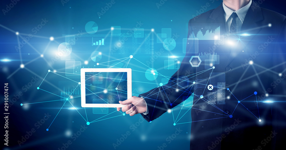 Poster elegant hand holding tablet with virtual database and network concept