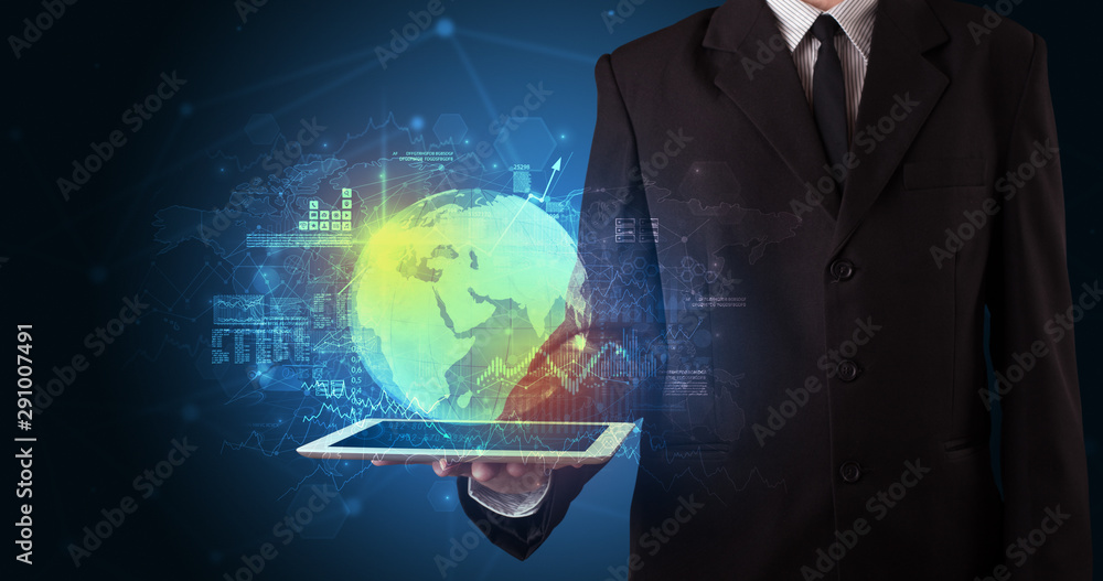 Poster Hand holding tablet with global database concept