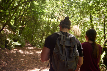 Couple walking past large trees in a forest