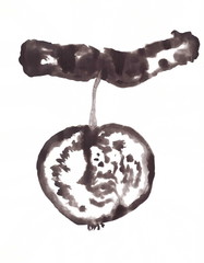 Drawing with watercolors: Abstraction. Black apple on a branch.