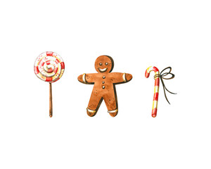 Set of watercolor gingerbread and candies. Hand drawn illustration isolated on white. Sweets perfect for christmas and vintage design, postcard, poster, wallpaper, fabric textile, card making
