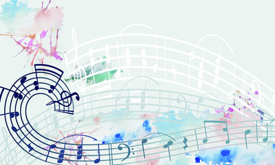 A pattern of intertwined notes and watercolor spots, creativity and mess, music and painting, the idea of a composer and artist