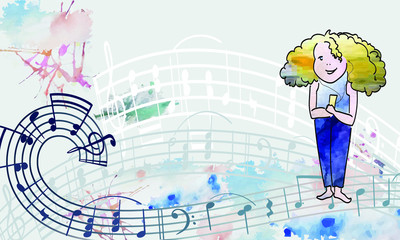 A sketch a red-haired girl from lines and watercolor spots in headphones walks along the road from music and watercolor spots listening, composing music - creativity, fun