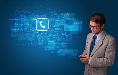 Young person using phone with mail and online communication concept