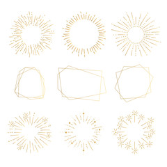 Hand drawn Collection of Gold Geometric Frame and Sunburst. Golden elements for logos, scrapbooking, web banners, wedding invitation cards etc. 