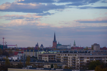 Fototapeta na wymiar Urban landscape, city, Szczecin, Poland, clouds, top-view, blocks, churches embedded between buildings, city center