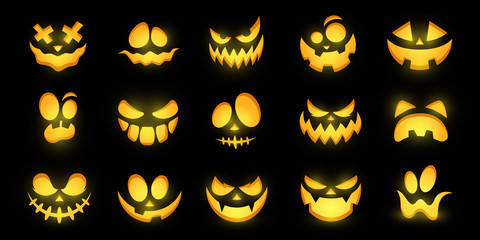 Scary and funny glowing faces of Halloween pumpkin or ghost . Vector collection.