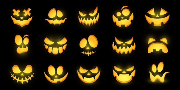 Scary and funny glowing faces of Halloween pumpkin or ghost . Vector collection.