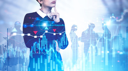 Pensive young manager in city, team and graphs