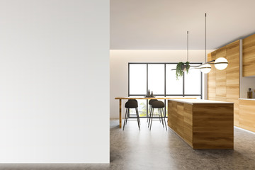 Wooden kitchen interior with mock up wall