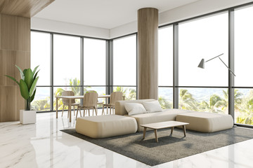 Naklejka na ściany i meble Panoramic wooden living room with dining table