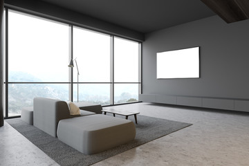 Gray living room with mock up TV and sofa
