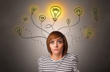 Pretty girl with draw bulbs above her head with different solutions concept